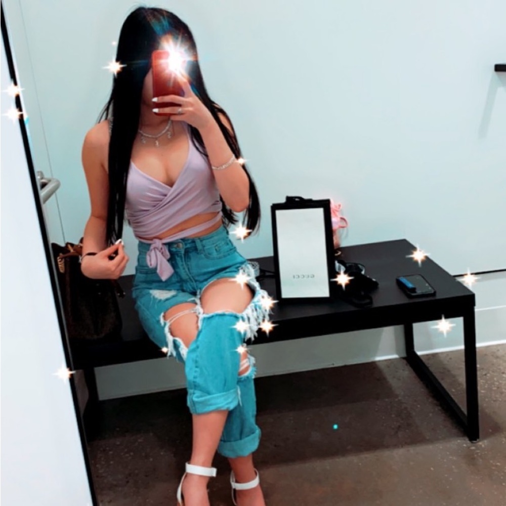 SHEIN purple criss cross v cut lattice bow string tie tank top crop top shirt